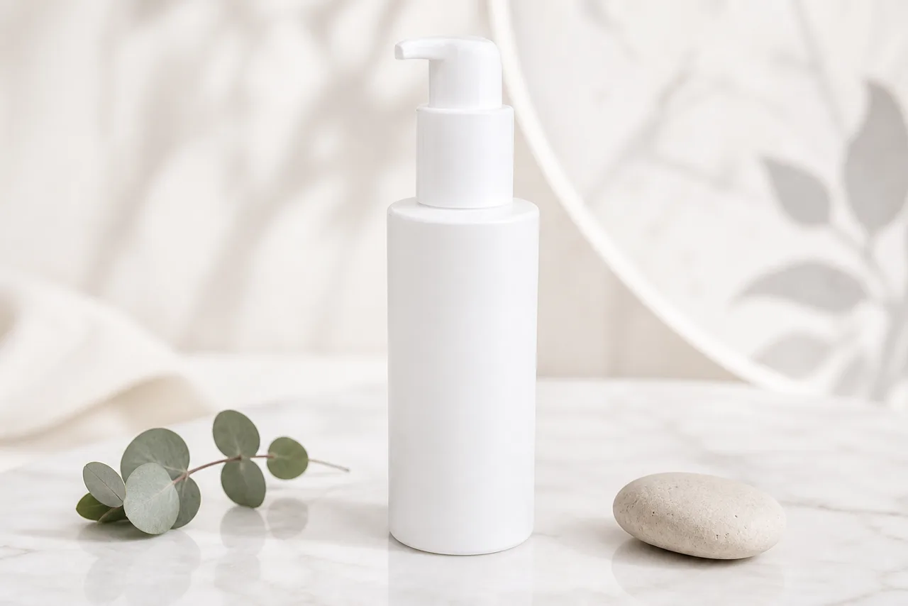 The product in a lit marble studio scene with eucalyptus and a stone