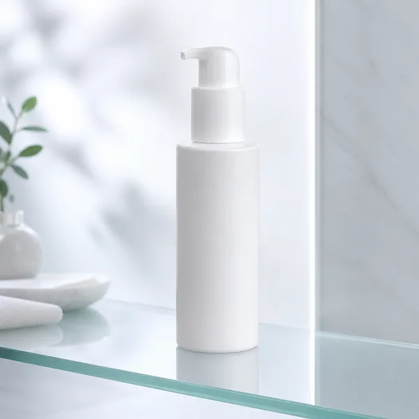 The product on a frosted glass shelf with a cool reflection